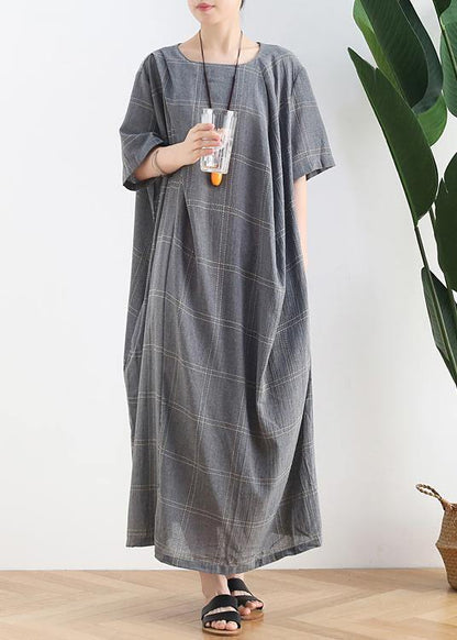 O Neck Short Sleeve Cotton Outfit Neckline Gray Plaid Cotton Robes Dresses