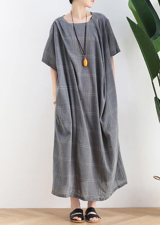 O Neck Short Sleeve Cotton Outfit Neckline Gray Plaid Cotton Robes Dresses