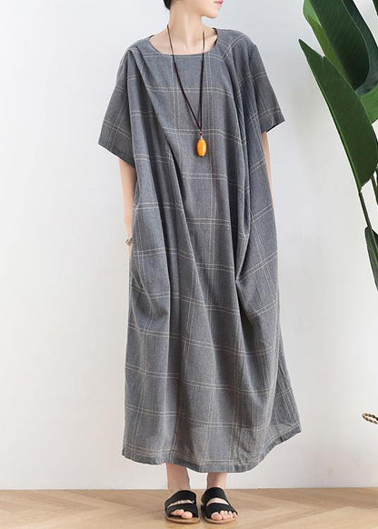 O Neck Short Sleeve Cotton Outfit Neckline Gray Plaid Cotton Robes Dresses