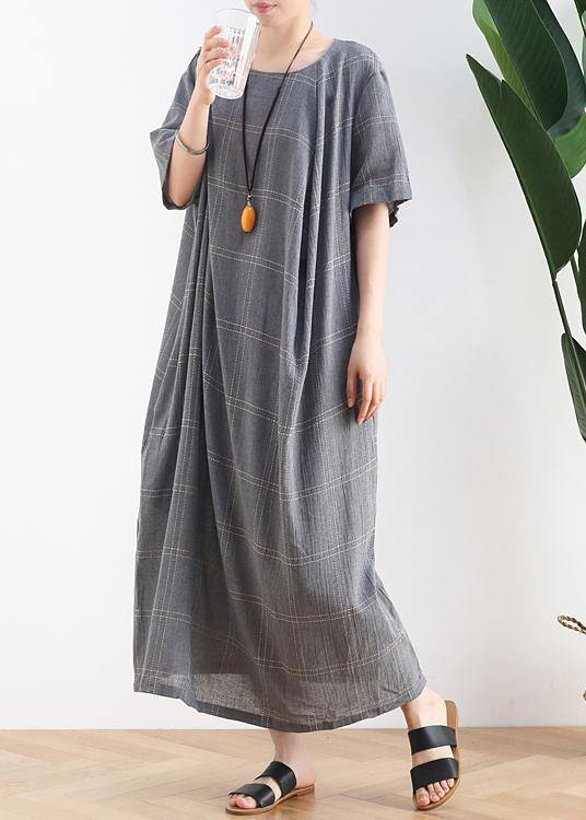 O Neck Short Sleeve Cotton Outfit Neckline Gray Plaid Cotton Robes Dresses