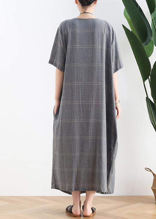 O Neck Short Sleeve Cotton Outfit Neckline Gray Plaid Cotton Robes Dresses