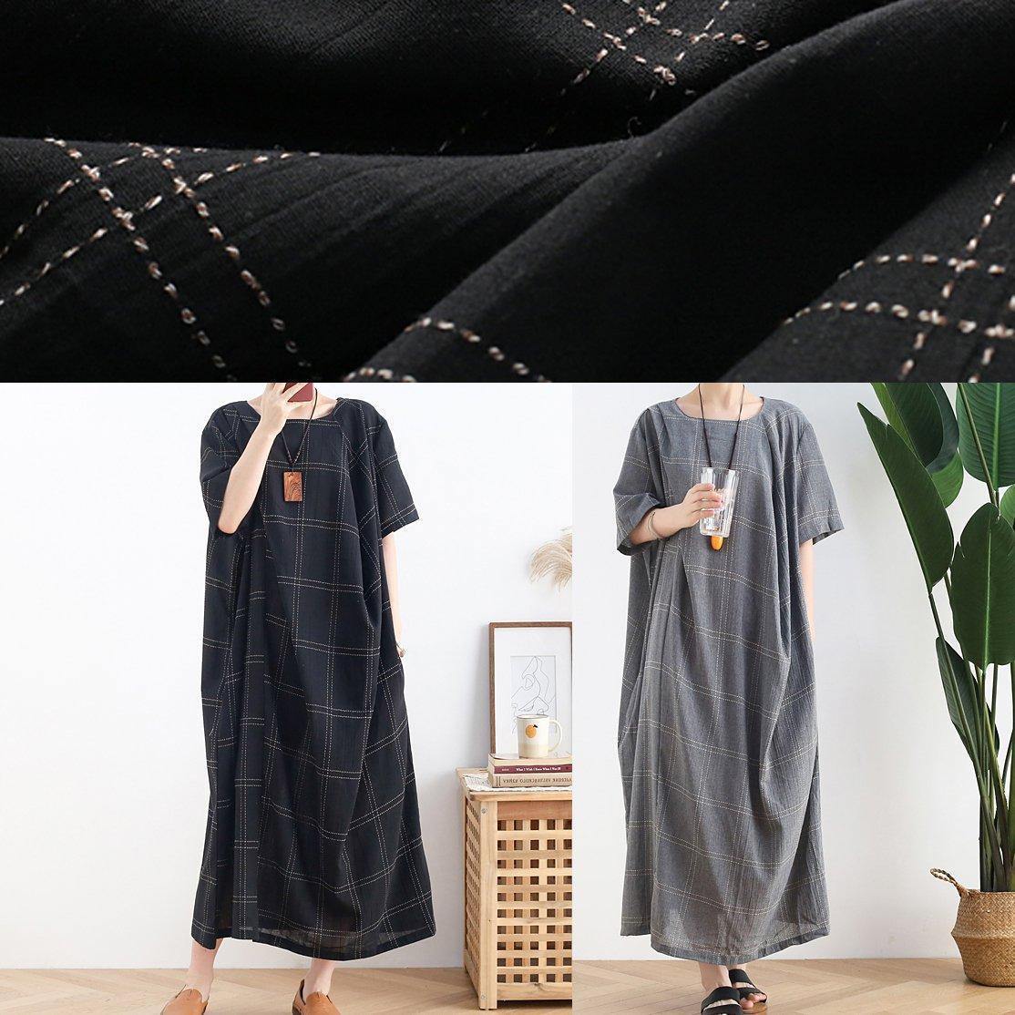 O Neck Short Sleeve Cotton Outfit Neckline Gray Plaid Cotton Robes Dresses