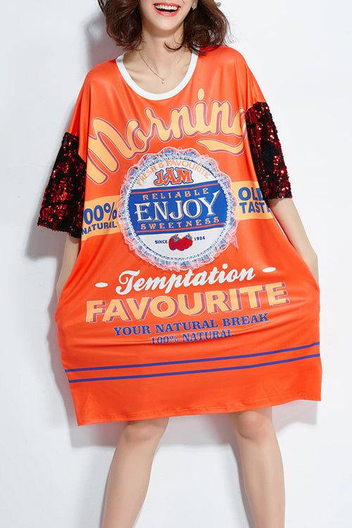 O Neck Silk Cotton Tunic Sleeve Orange Print Daily Dress Summer