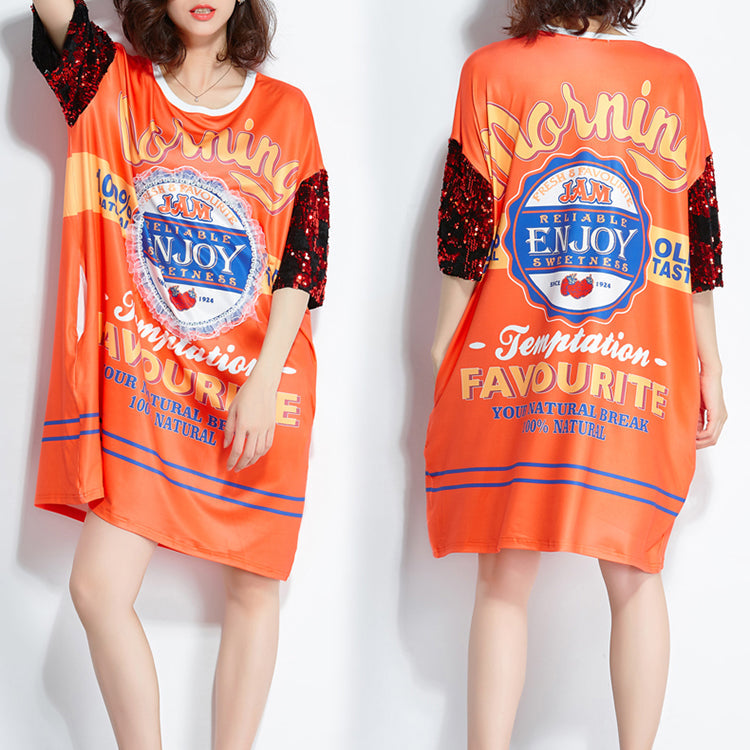O Neck Silk Cotton Tunic Sleeve Orange Print Daily Dress Summer