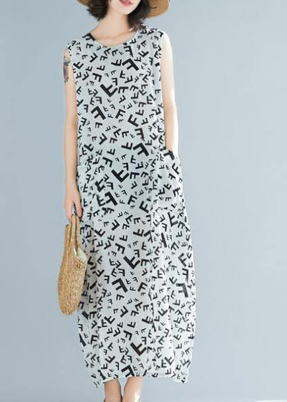 O Neck Sleeveless Cotton Summer Clothes Pattern White Print Art Dress