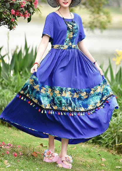 O Neck Tassel Cotton Long Shirts Design Blue Print Cotton Robes Dresses Summer
