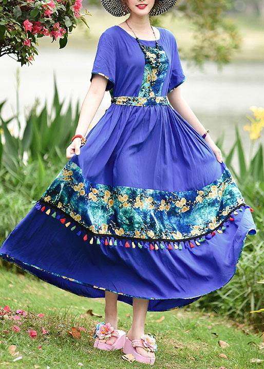 O Neck Tassel Cotton Long Shirts Design Blue Print Cotton Robes Dresses Summer