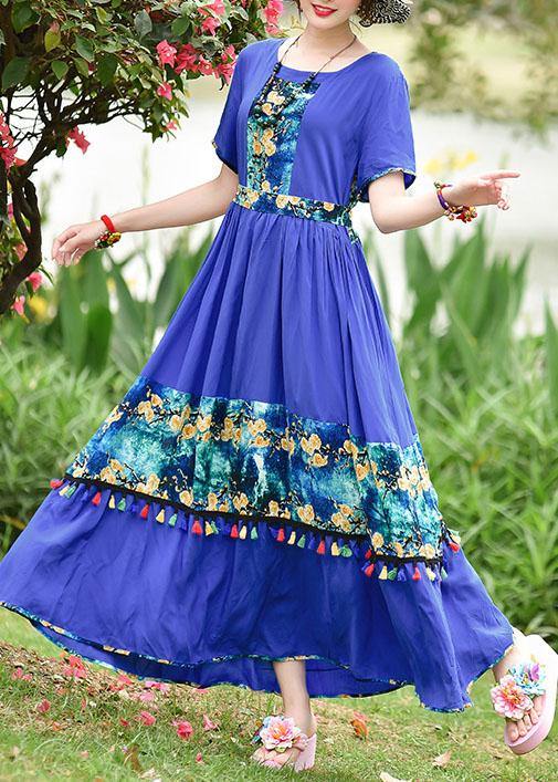 O Neck Tassel Cotton Long Shirts Design Blue Print Cotton Robes Dresses Summer