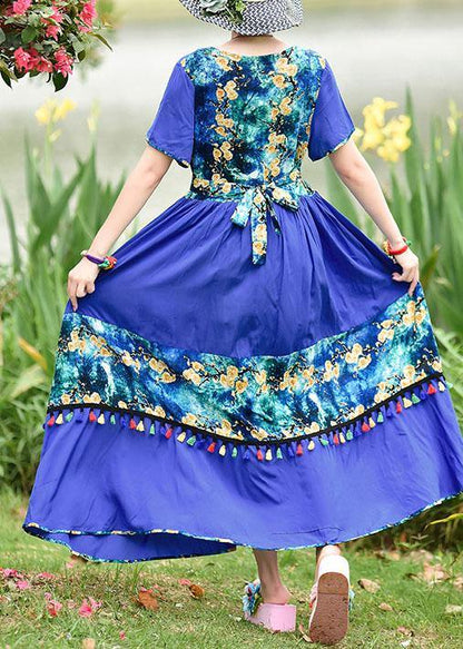 O Neck Tassel Cotton Long Shirts Design Blue Print Cotton Robes Dresses Summer