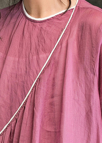O Neck Tie Waist Linen Long Shirts Fine Shirts Pink Dress Summer