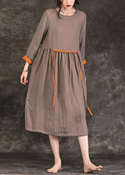 O Neck Tie Waist Cinched Linen Wardrobes Brown Dress Spring