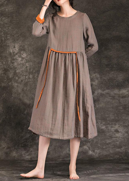 O Neck Tie Waist Cinched Linen Wardrobes Brown Dress Spring
