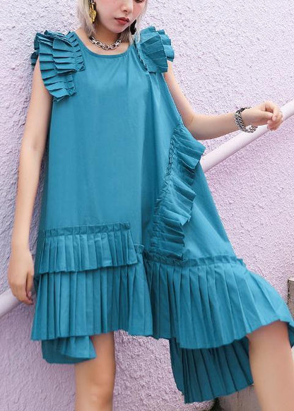 O Neck Cinched Cotton Wardrobes Blue Green Dresses