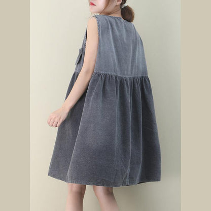 O Neck Cinched Cotton Dresses Fabrics Denim Gray Dresses