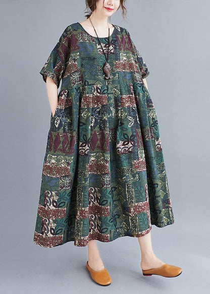 O Neck Cinched Clothes Catwalk Green Plant Printing Dress