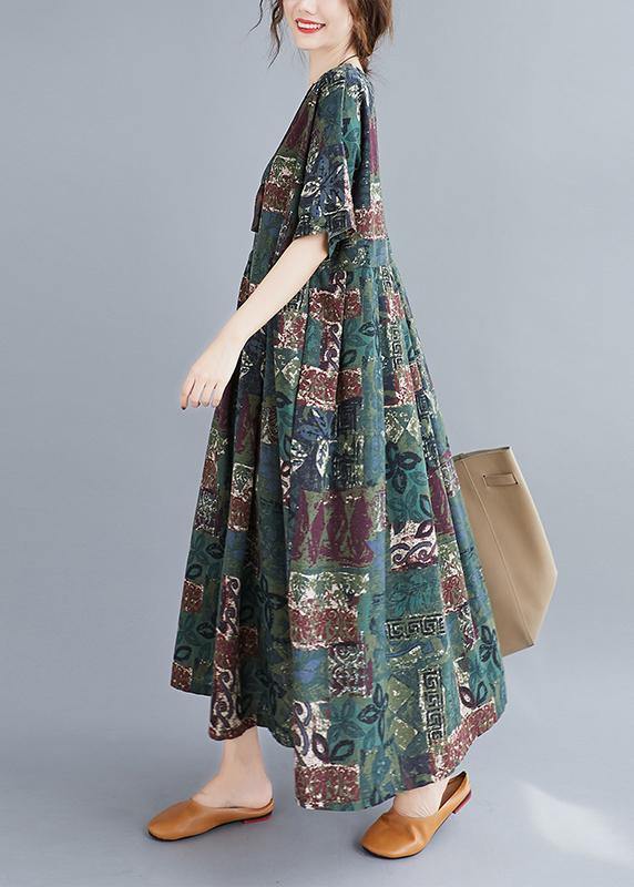 O Neck Cinched Clothes Catwalk Green Plant Printing Dress