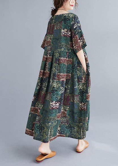 O Neck Cinched Clothes Catwalk Green Plant Printing Dress