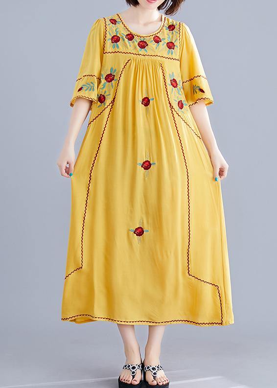 O Neck Cinched Cotton Linen Robes Fabrics Yellow Embroidery Dresses Summer