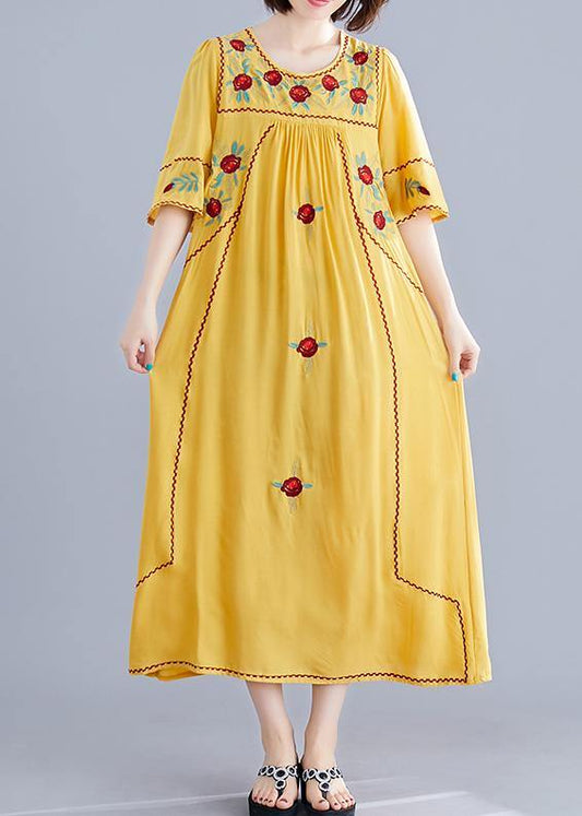 O Neck Cinched Cotton Linen Robes Fabrics Yellow Embroidery Dresses Summer