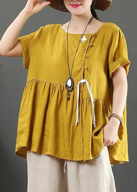 O Neck Cinched Linen Clothes Design Yellow Shirts