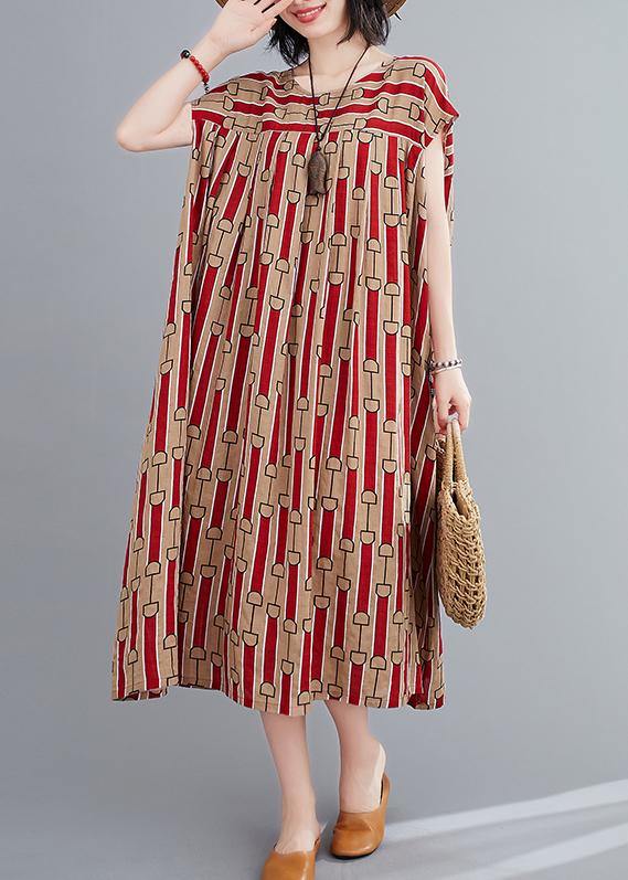O Neck Cinched Summertunics Fabrics Red Print Long Dress