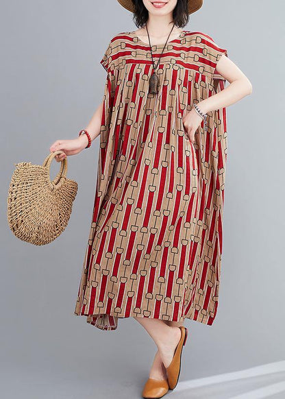 O Neck Cinched Summertunics Fabrics Red Print Long Dress