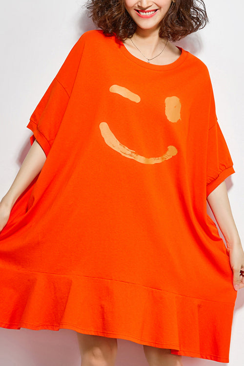 Orange Cotton Dresses Fitted Sewing O Neck Half Sleeve Knee Summer Dress