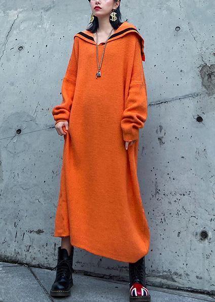 Orange Sweater Aesthetic Largo Sailor Collar Big Winter Knitted Tops