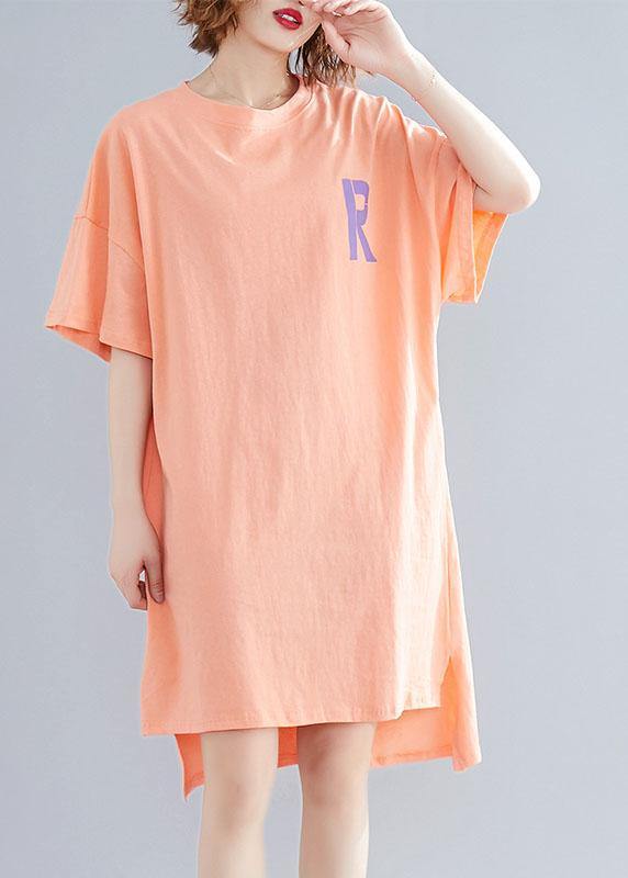 Orange Print Linen Wardrobes O Neck Side Open Cotton Summer Dress