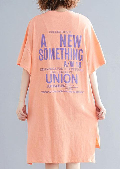 Orange Print Linen Wardrobes O Neck Side Open Cotton Summer Dress