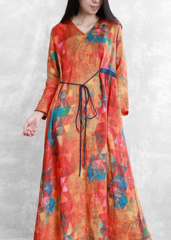 Orange Print Linen Clothes V Neck Tunic Long Summer Dresses