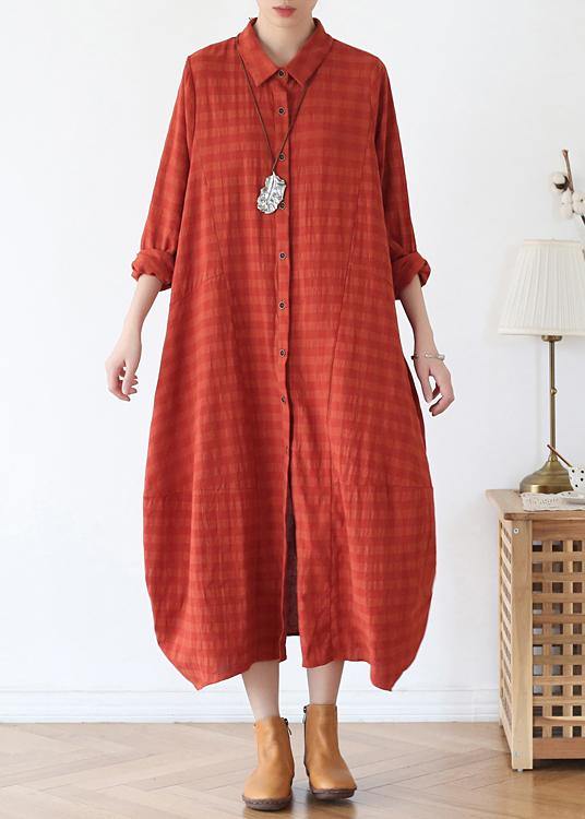 Orange Red Dresses Lapel Button Down Maxi Fall Dress
