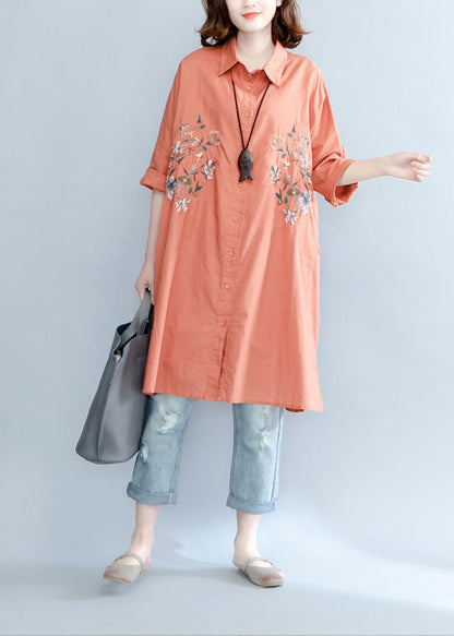 Orange Red Linen Crane Tops Tutorials Lapel Embroidery Summer Shirt