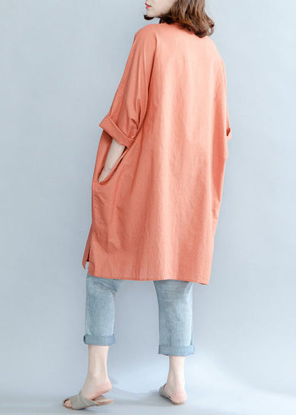 Orange Red Linen Crane Tops Tutorials Lapel Embroidery Summer Shirt