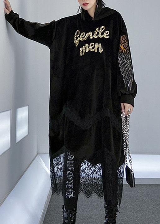 Patchwork Lace Alphabet Pattern Catwalk Black Hooded Maxi Dress