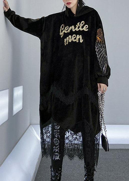 Patchwork Lace Alphabet Pattern Catwalk Black Hooded Maxi Dress