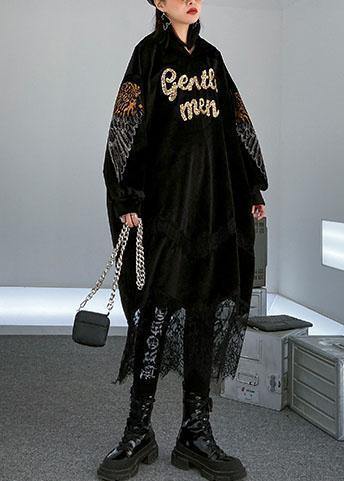 Patchwork Lace Alphabet Pattern Catwalk Black Hooded Maxi Dress