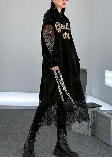 Patchwork Lace Alphabet Pattern Catwalk Black Hooded Maxi Dress