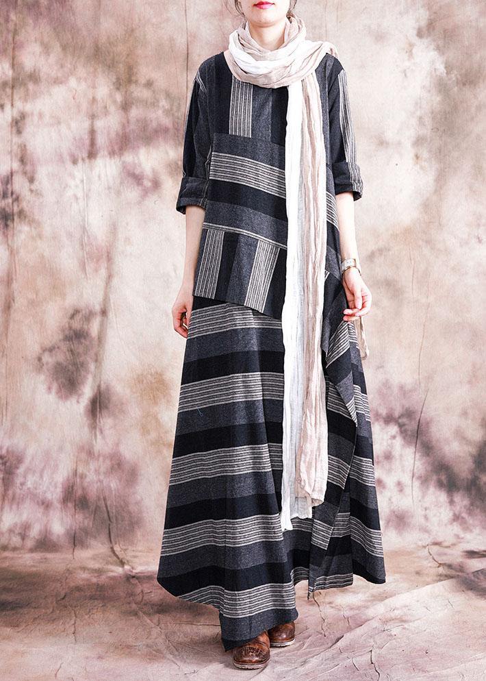 Patchwork Linen Clothes Sewing Gray Striped Dress Fall