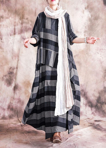 Patchwork Linen Clothes Sewing Gray Striped Dress Fall