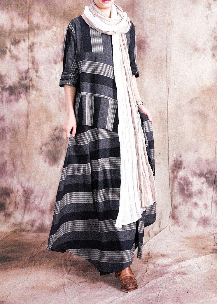 Patchwork Linen Clothes Sewing Gray Striped Dress Fall