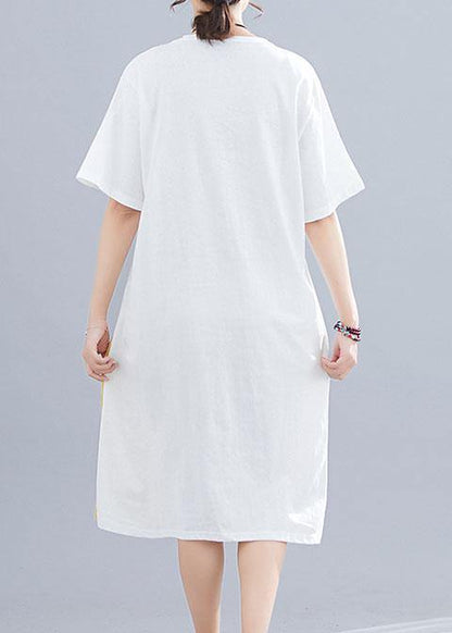 Patchwork O Neck Linen Dresses Sewing White Dresses Summer