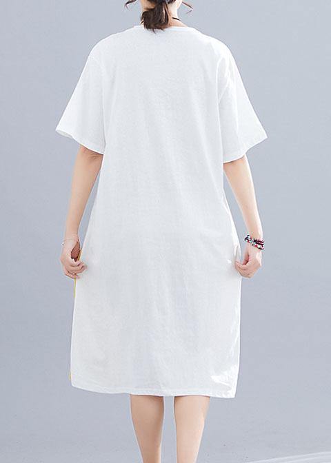 Patchwork O Neck Linen Dresses Sewing White Dresses Summer