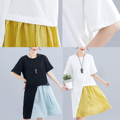 Patchwork O Neck Linen Dresses Sewing White Dresses Summer