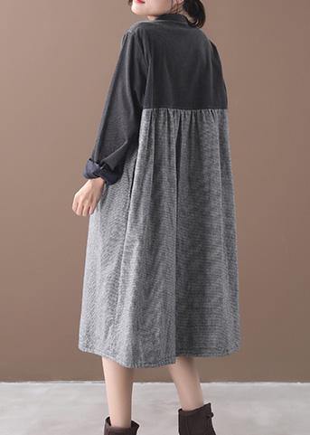 Patchwork White Plaid Quilting Dresses O Neck Button Maxi Dresses