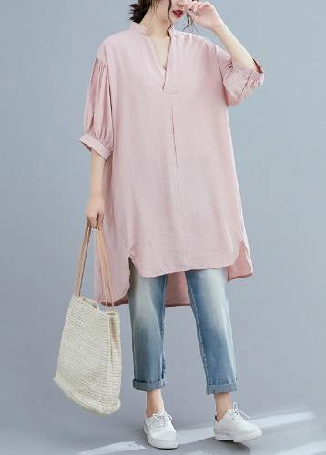 Pink Clothes V Neck Lantern Sleeve Art Summer Top
