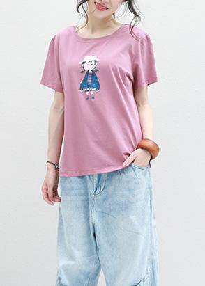 Pink Cotton Crane Tops Prints Tunic Summer Shirts