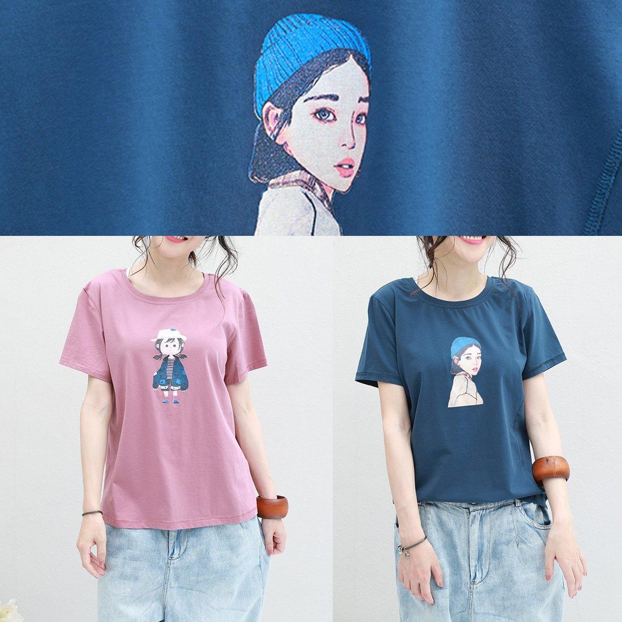 Pink Cotton Crane Tops Prints Tunic Summer Shirts