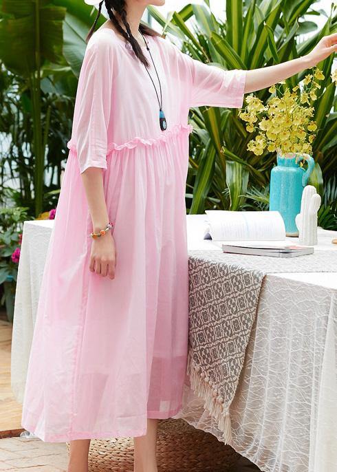 Pink Cotton Linen Robes O Neck Patchwork a Line Summer Dresses
