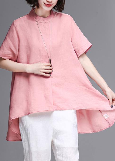 Pink Cotton Linen Clothes Work Stand Collar Asymmetric Summer Tops